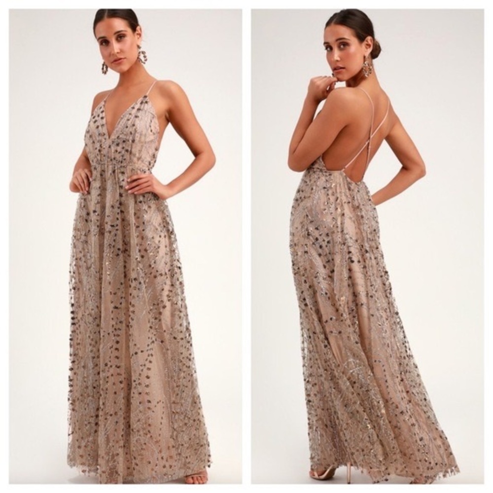 NWT Lulu’s Luminous Night Taupe Glitter Sequin Maxi Dress size Large